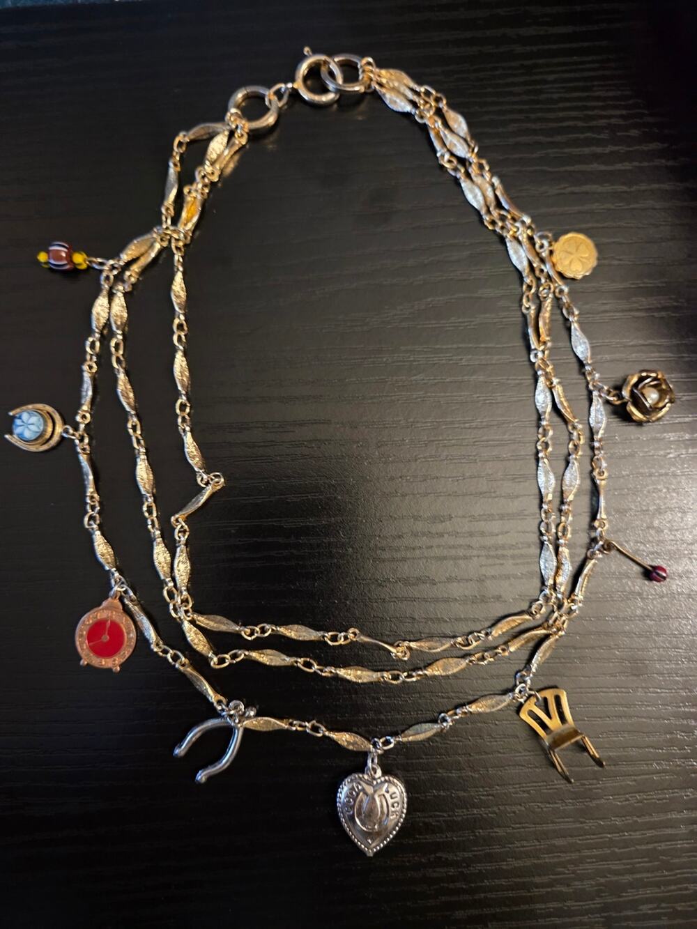 Vintage Gold Tone Layered Multi Charm Necklace Good Luck Floral Wish Bone Charms